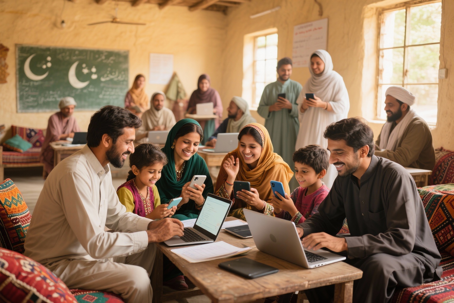 Pakistani community learning digital skills together on laptops